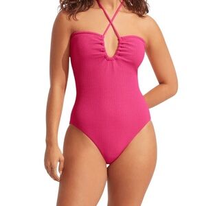 Seafolly Sea Dive Bandeau One Piece Swimsuit Womens Size 8 Fuchsia Rose NWT Pink